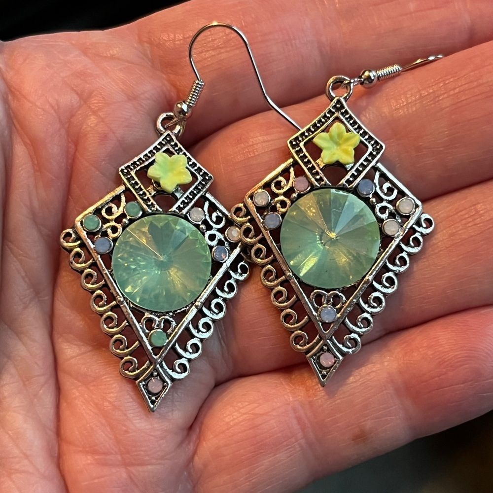 Lime Green Rhinestone Dangle Earrings 2"